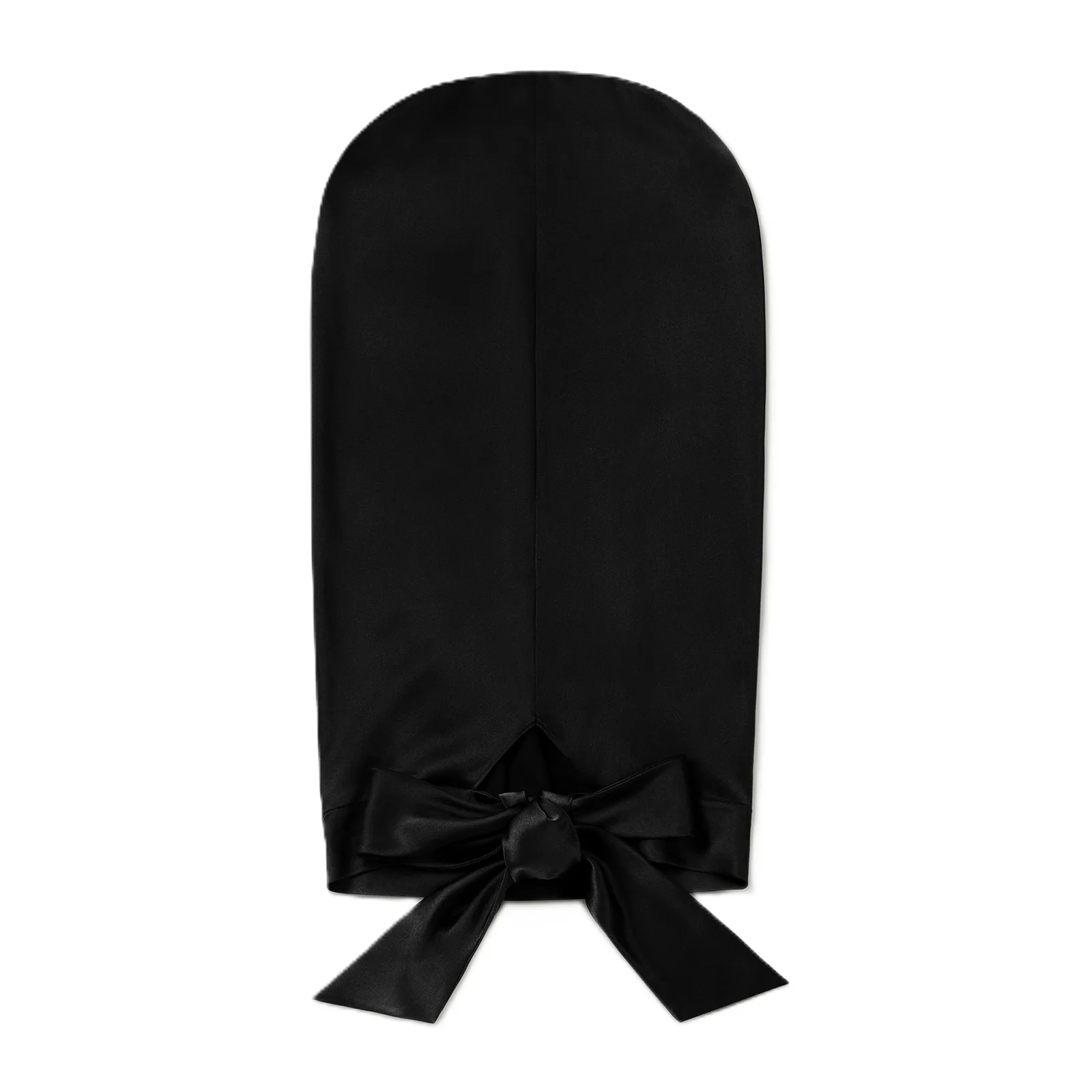 Back detail of black custom silk sleep cap with tie bow for private label hair care brands