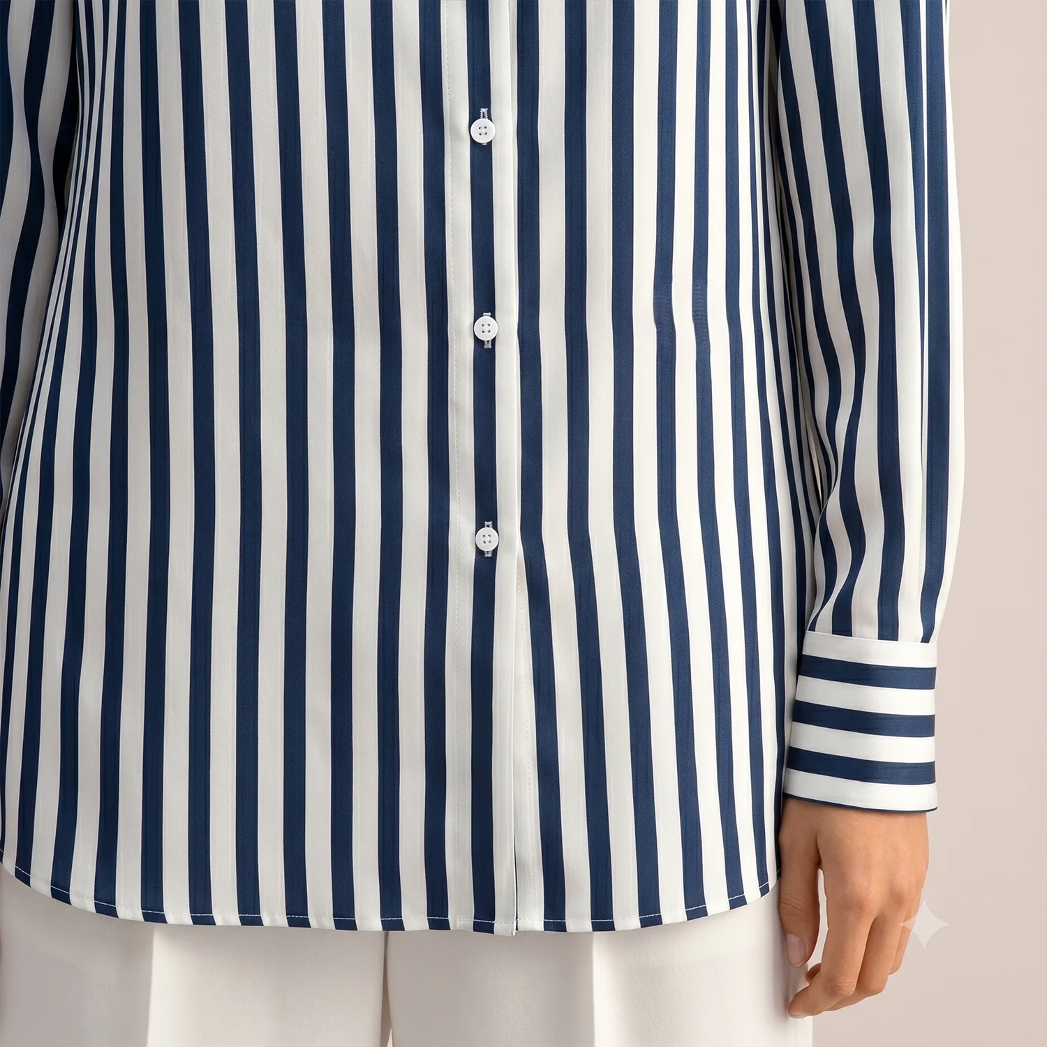 Back detail of navy and white striped long sleeve shirt for custom silk clothing private label apparel programs