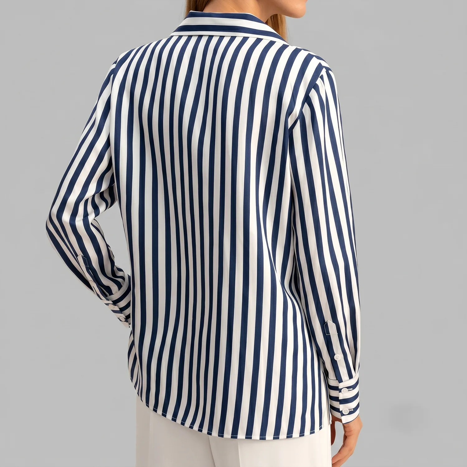 Back side view of navy and white striped long sleeve shirt style for custom silk clothing private label apparel review