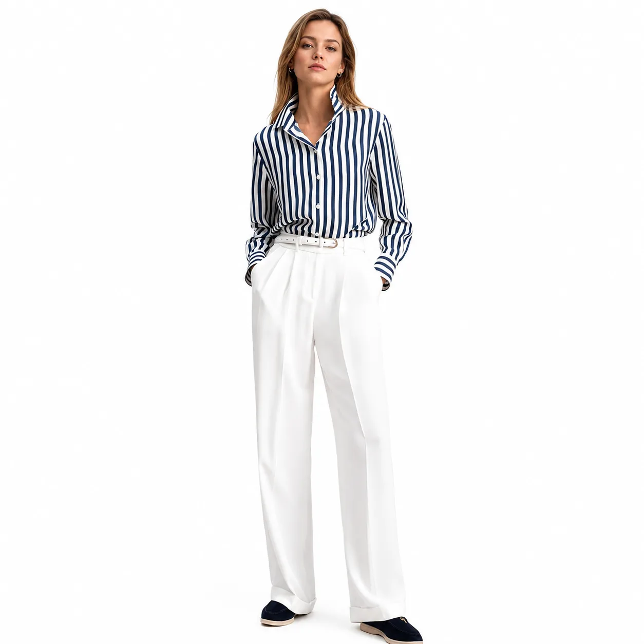 Navy and white striped long sleeve button-front silk shirt with contrast horizontal cuff stripe, front view, for private label apparel brand programs