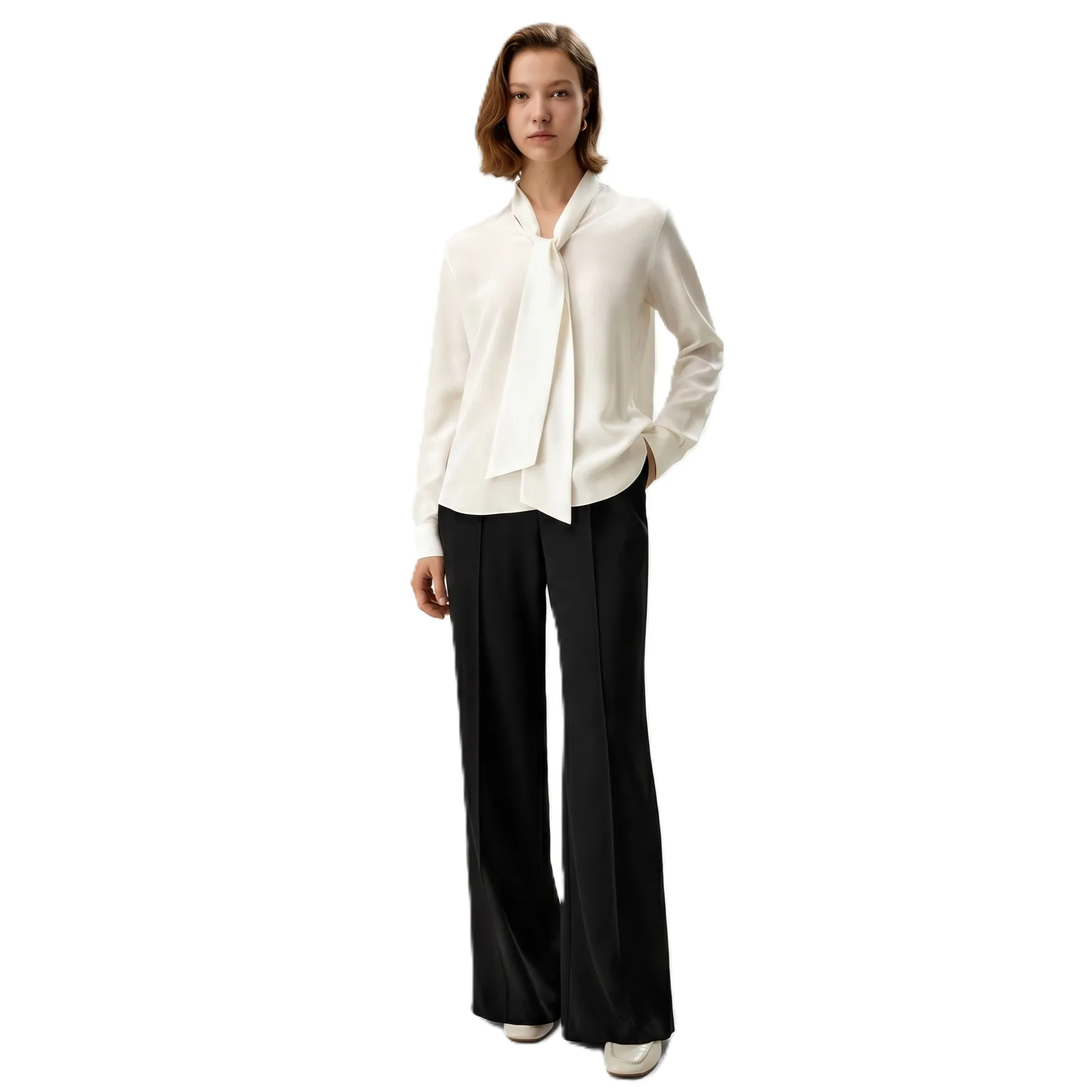 Ivory silk crêpe de chine bowtie tie-neck blouse with long sleeves and buttoned cuffs for private label apparel brand programs