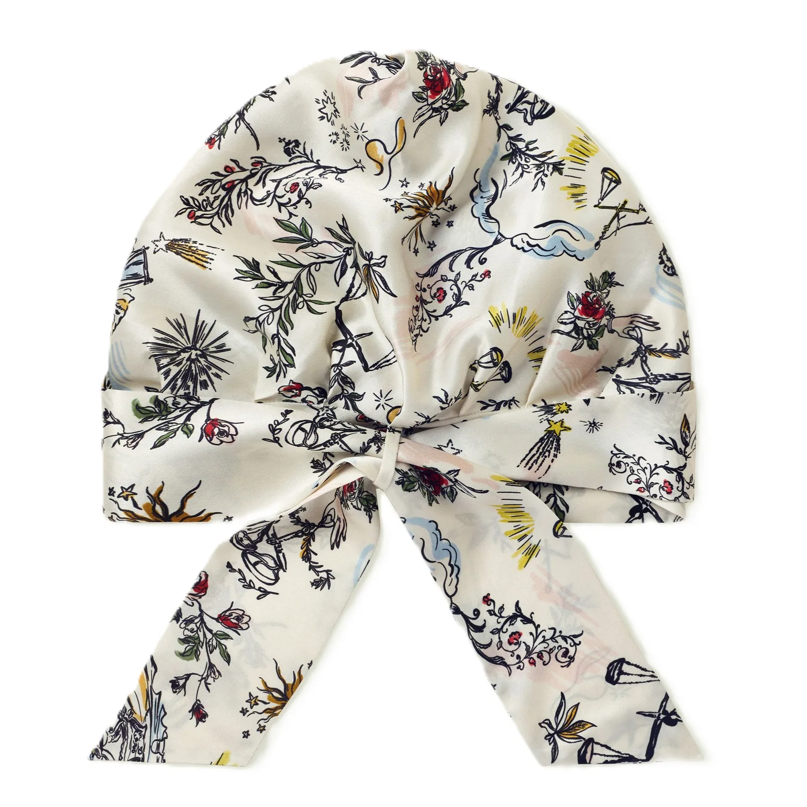 Ivory zodiac constellation toile print silk charmeuse sleep cap with front bow tie, for private label hair care and beauty brands