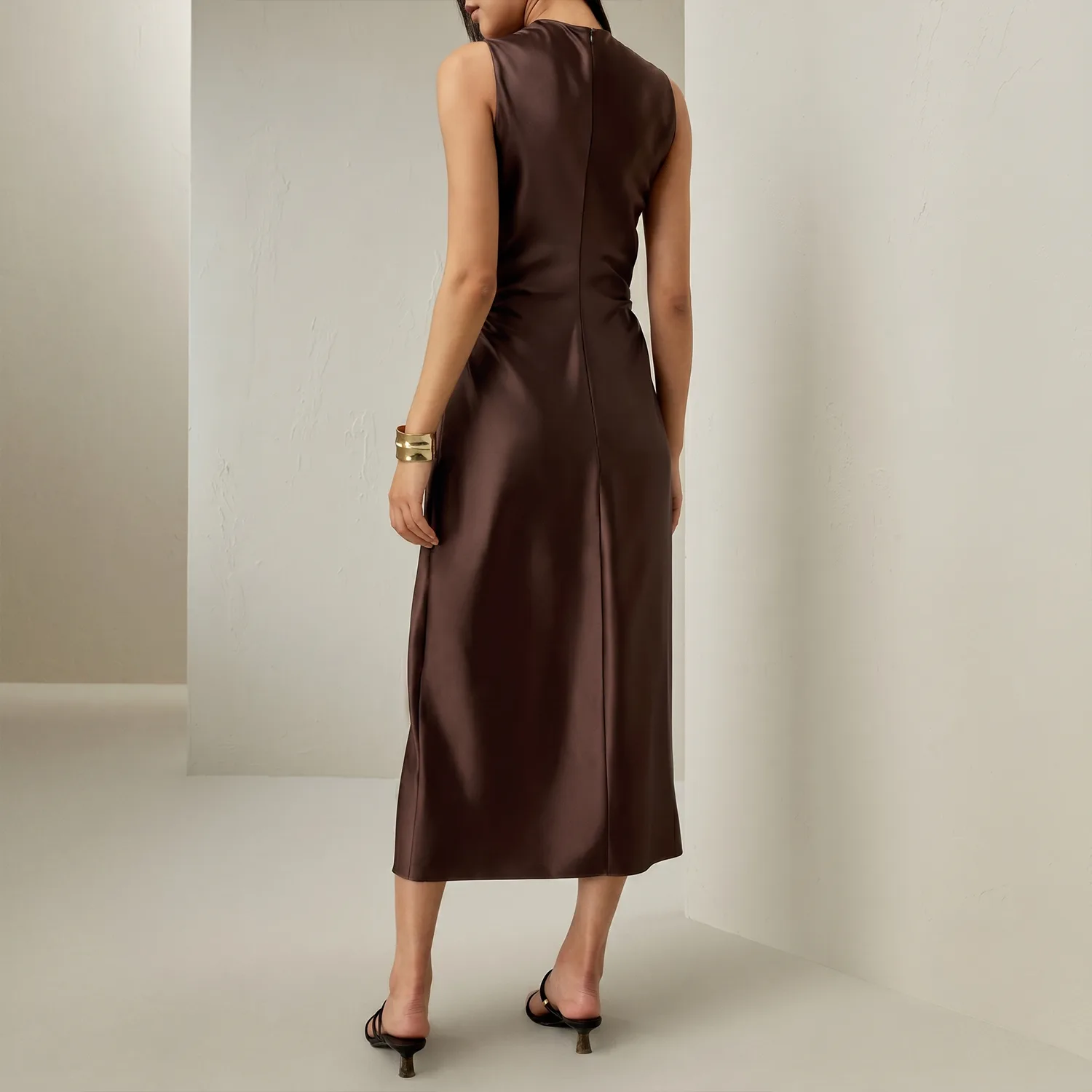 Back detail of sleeveless chocolate brown midi dress style for private label silk clothing development