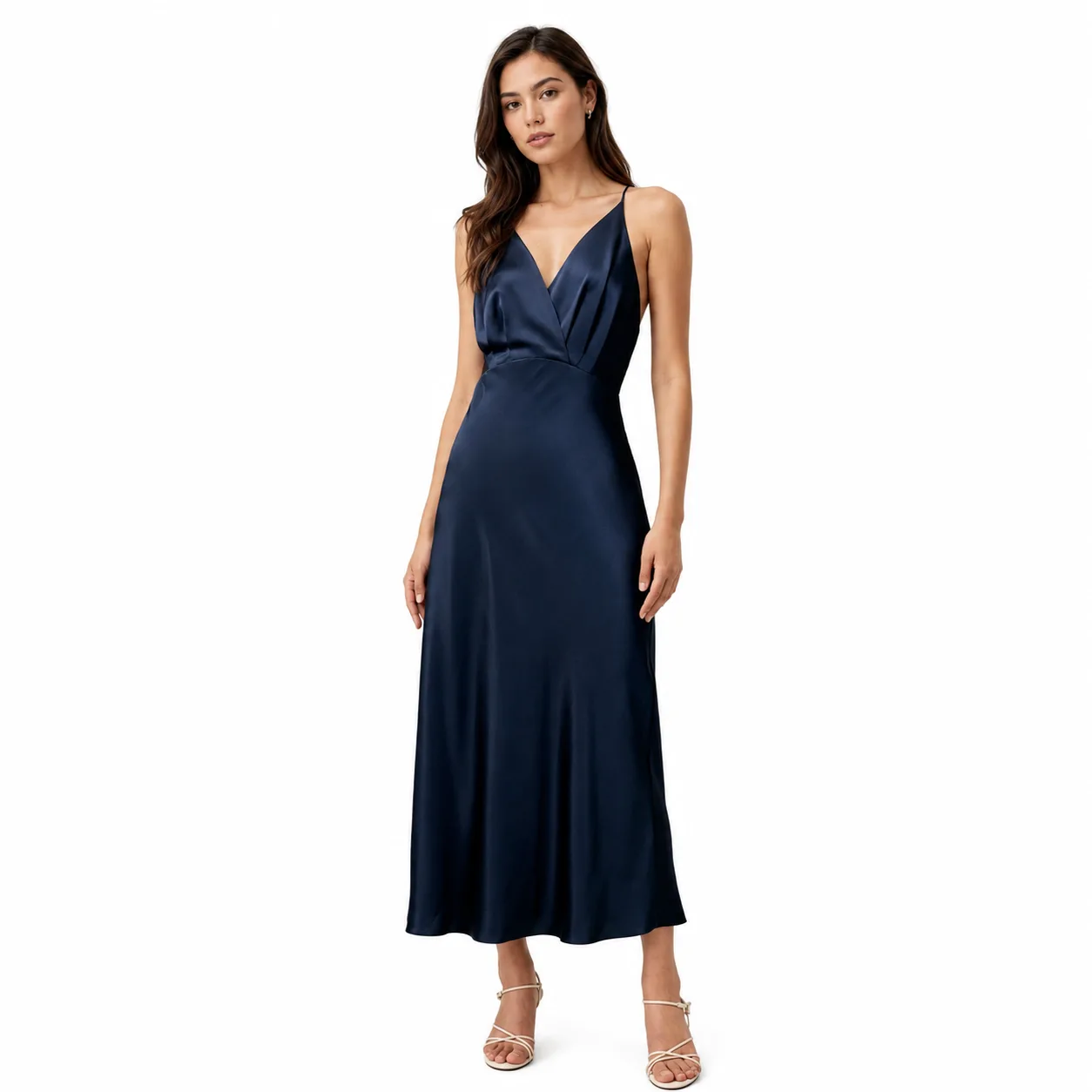 Navy silk satin midi dress with deep V-neck draped bodice and open cross-strap back for private label apparel brand programs