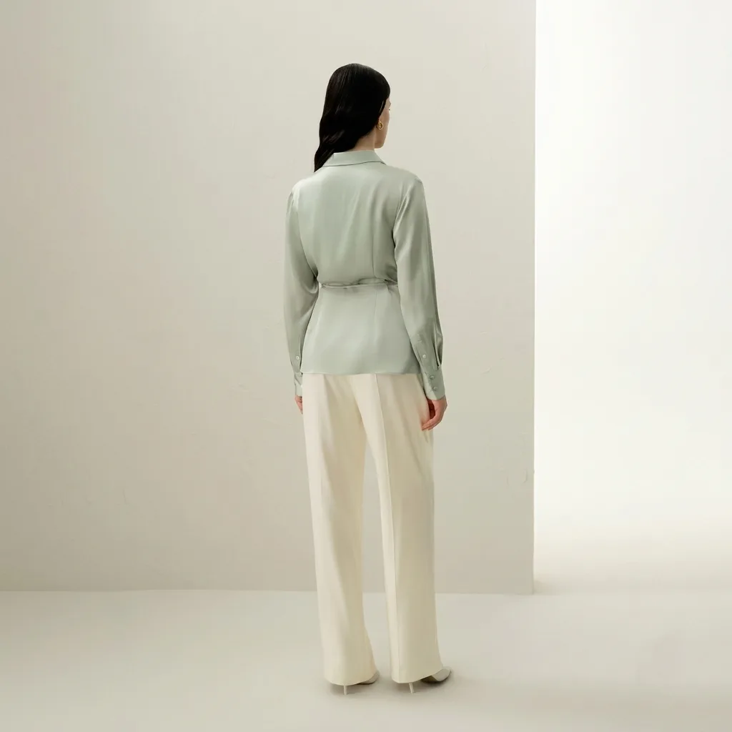 Back detail view of a sage green silk blouse with waist tie and long sleeves for private label custom silk clothing review