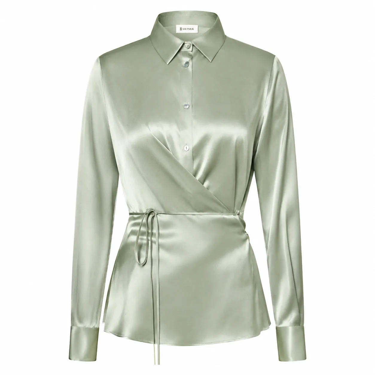 Detail view of sage green custom silk clothing blouse with wrap front, side tie, button collar and private label neck branding