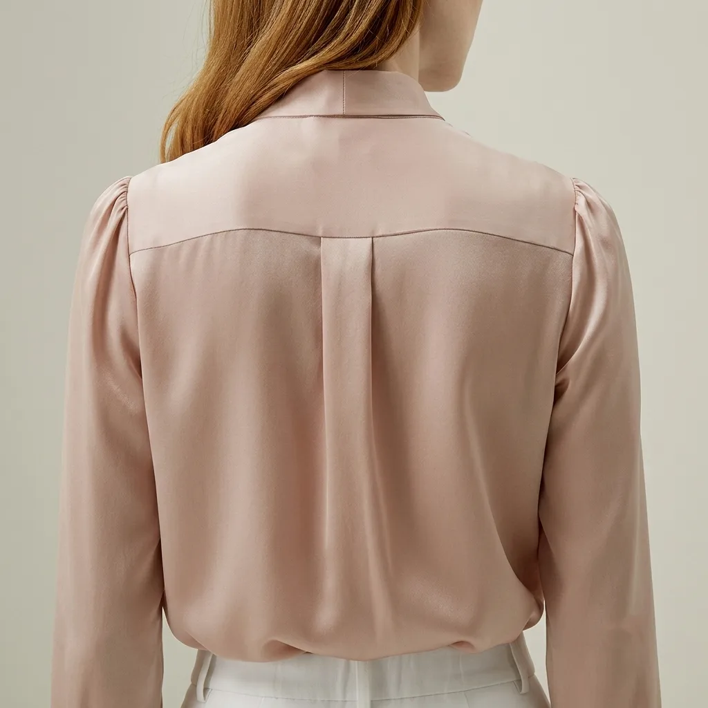 Back detail view of blush long-sleeve silk shirt with yoke seam and center pleat for private label apparel sample review