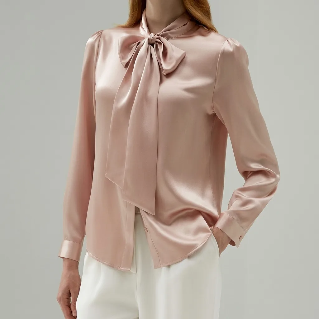 Blush Pink Silk Satin Bow-Tie Blouse detail view