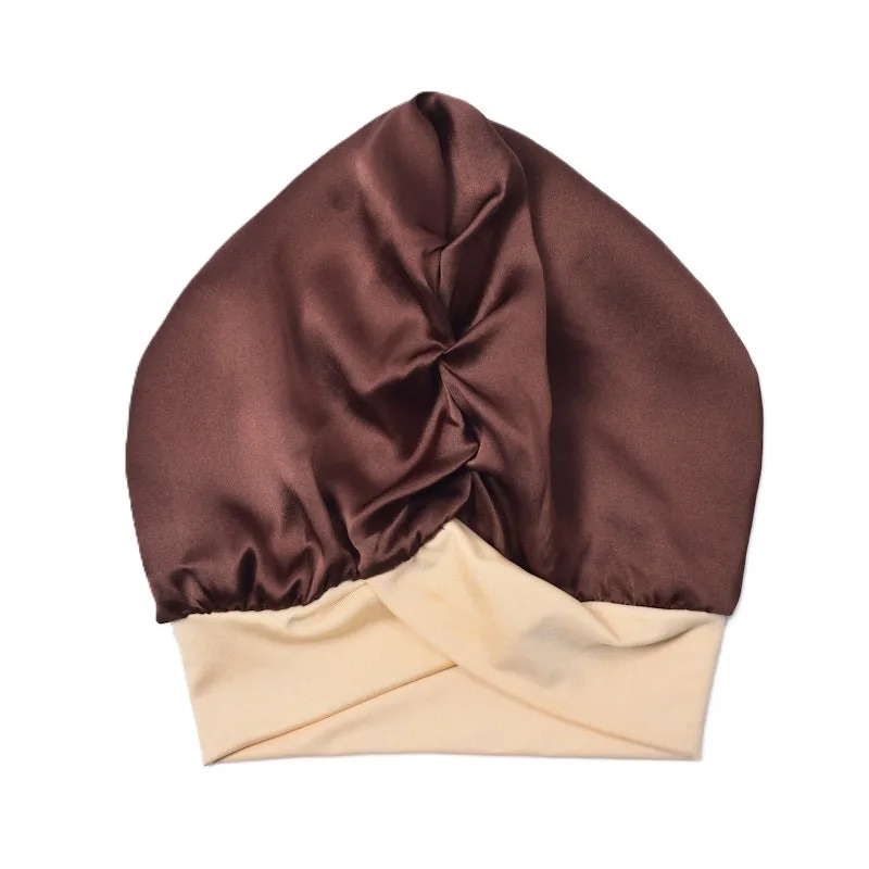 Private label silk sleep cap with wide cream crossover stretch band and chocolate brown mulberry silk dome for hair care and beauty brand collections