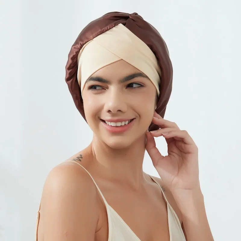 Detail view of a brown sleep cap with cream crossover front band for custom silk hair care private label collections