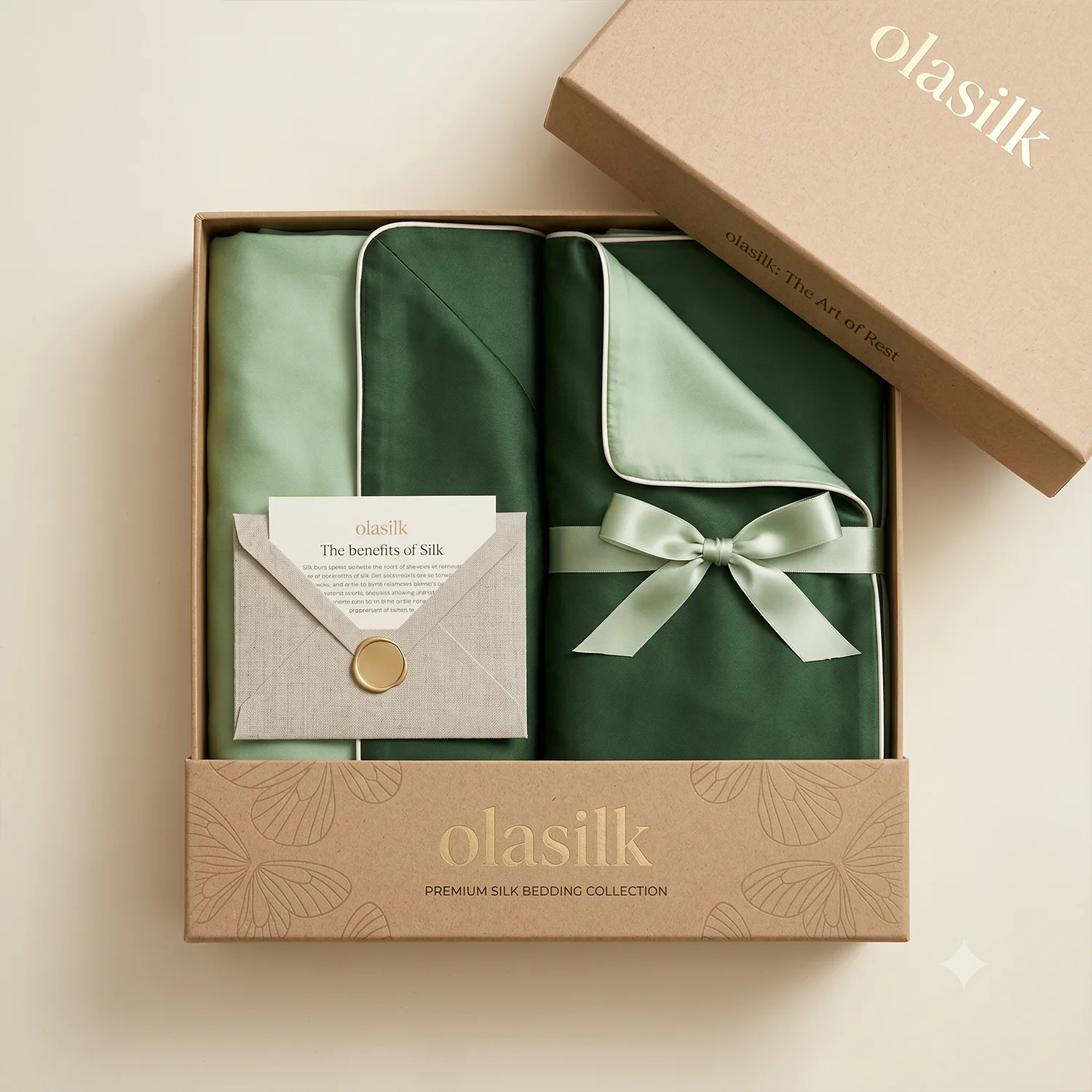 Private label silk pillowcase gift box packaging with green colorway, ribbon, branded insert, and kraft logo box for premium hair and sleep care lines