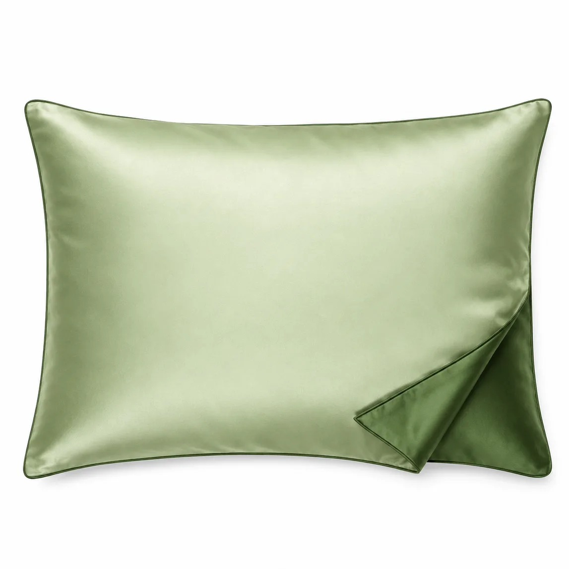 Reversible dual-tone silk pillowcase with sage green face, forest green reverse, and contrast piped edge trim for private label brand programs
