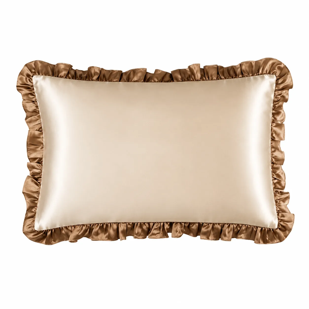 Ruffle edge two-tone silk pillowcase with contrast caramel ruffle trim border shown flat, available for private label custom color and logo branding