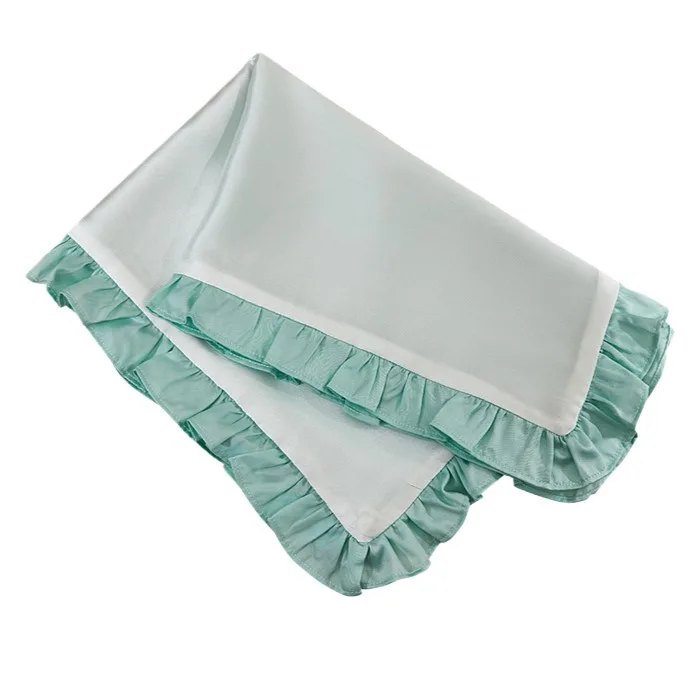 Custom silk pillowcase style with mint ruffle trim for private label hair and sleep care lines
