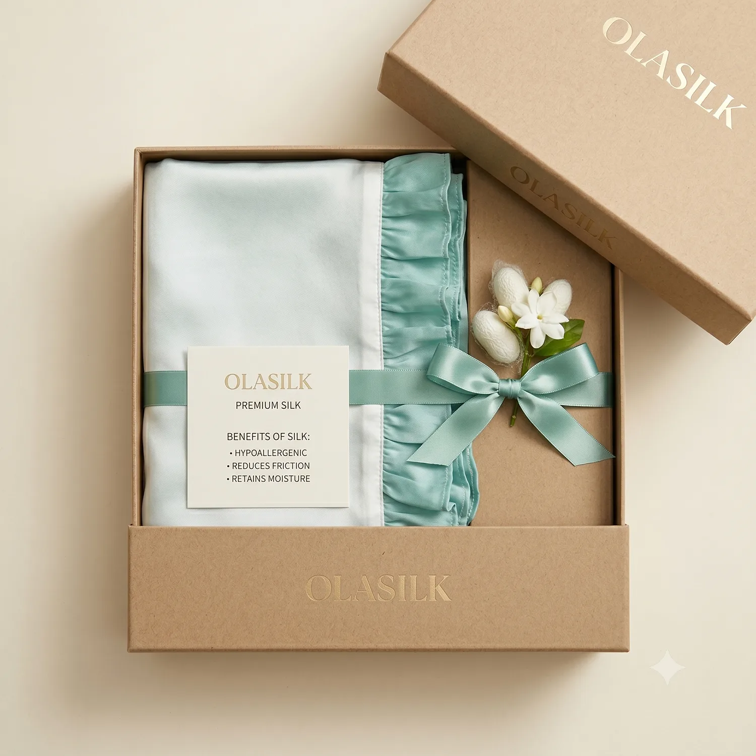 Custom silk pillowcase gift packaging with branded kraft box, ribbon wrap, insert card, and coordinated color presentation for private label hair and