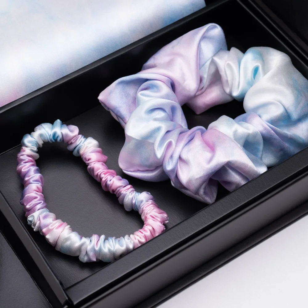Pastel scrunchie and hair tie gift set in a black box for custom private label silk accessory programs