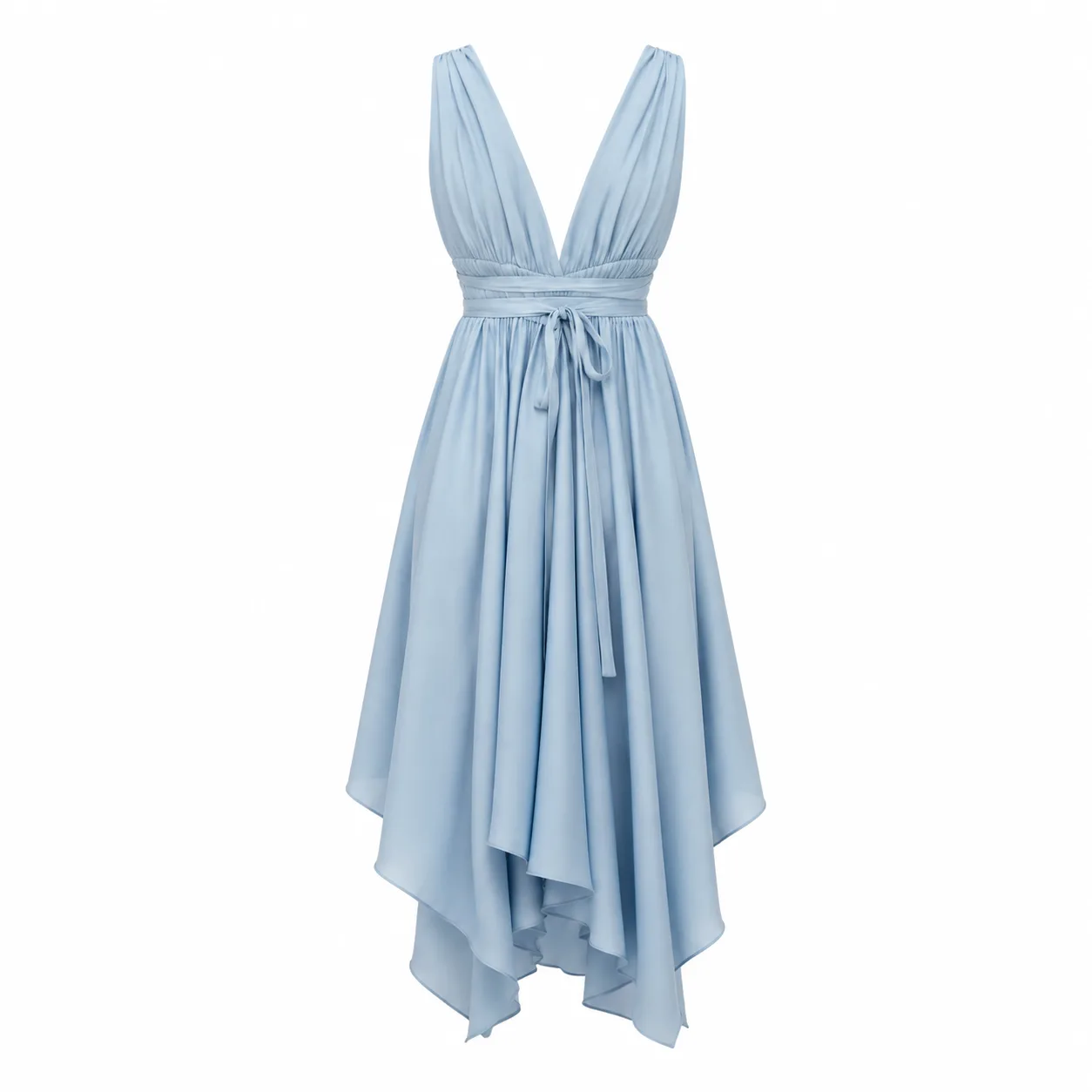 Light blue draped dress style with tie waist for custom private label apparel development