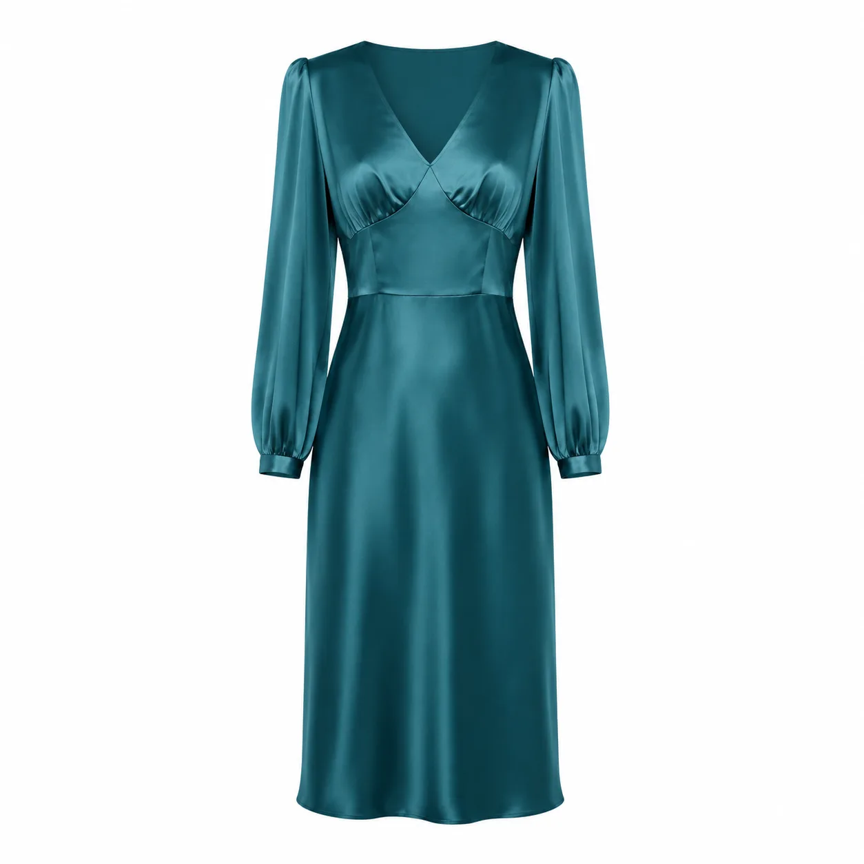 Detail view of teal V-neck custom silk clothing style with gathered bust seams for private label apparel review