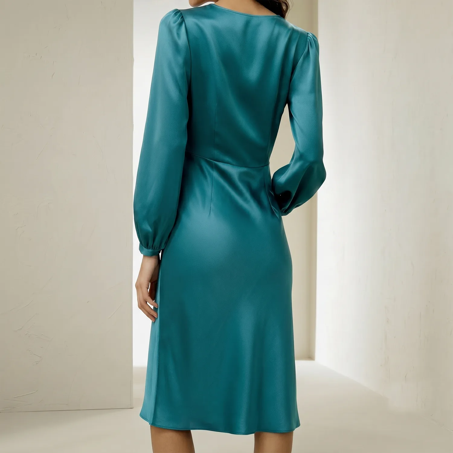 Back detail view of teal long sleeve dress style for custom silk clothing private label apparel development