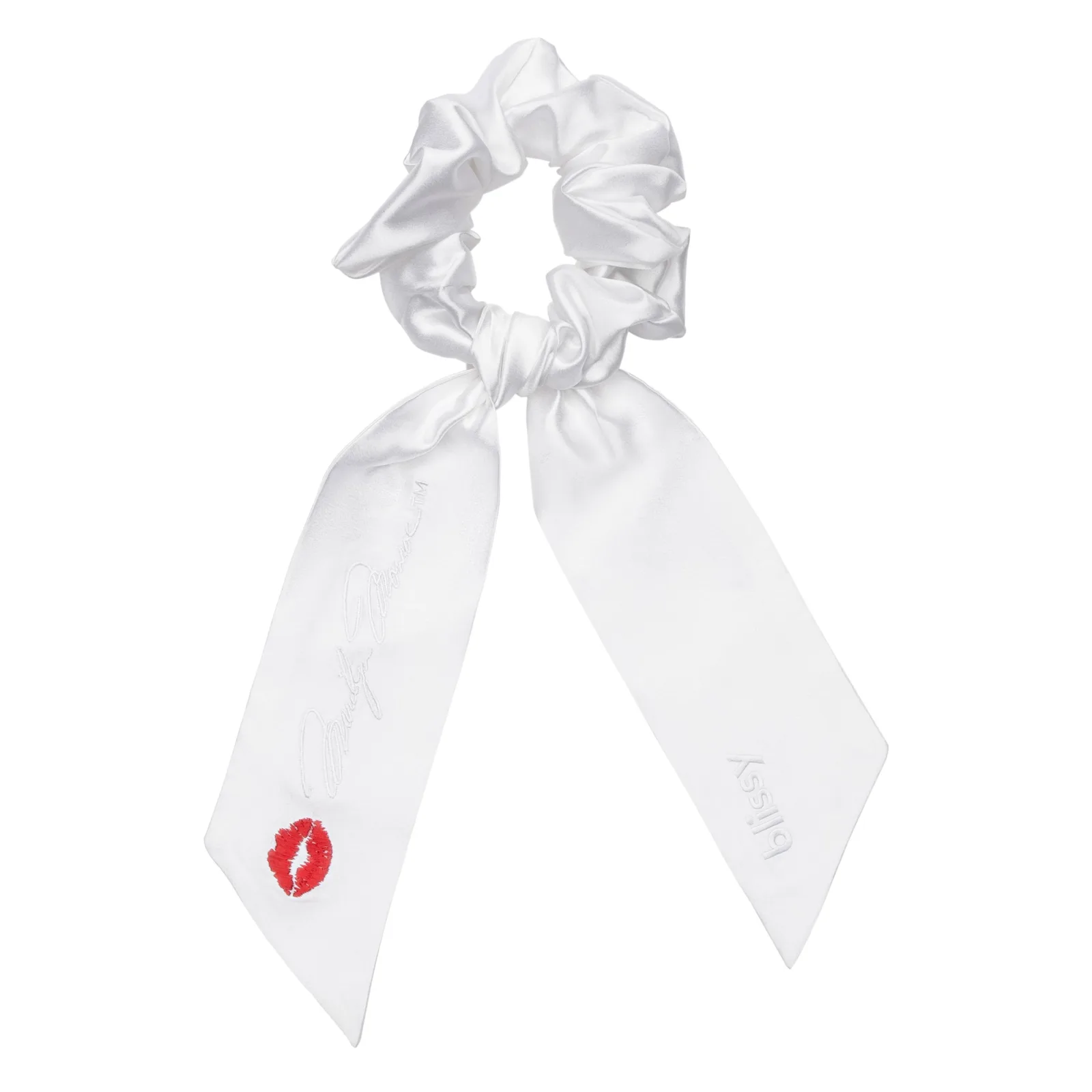 White ribbon scrunchie with tone-on-tone logo detailing for custom silk gift set branding and private label beauty programs
