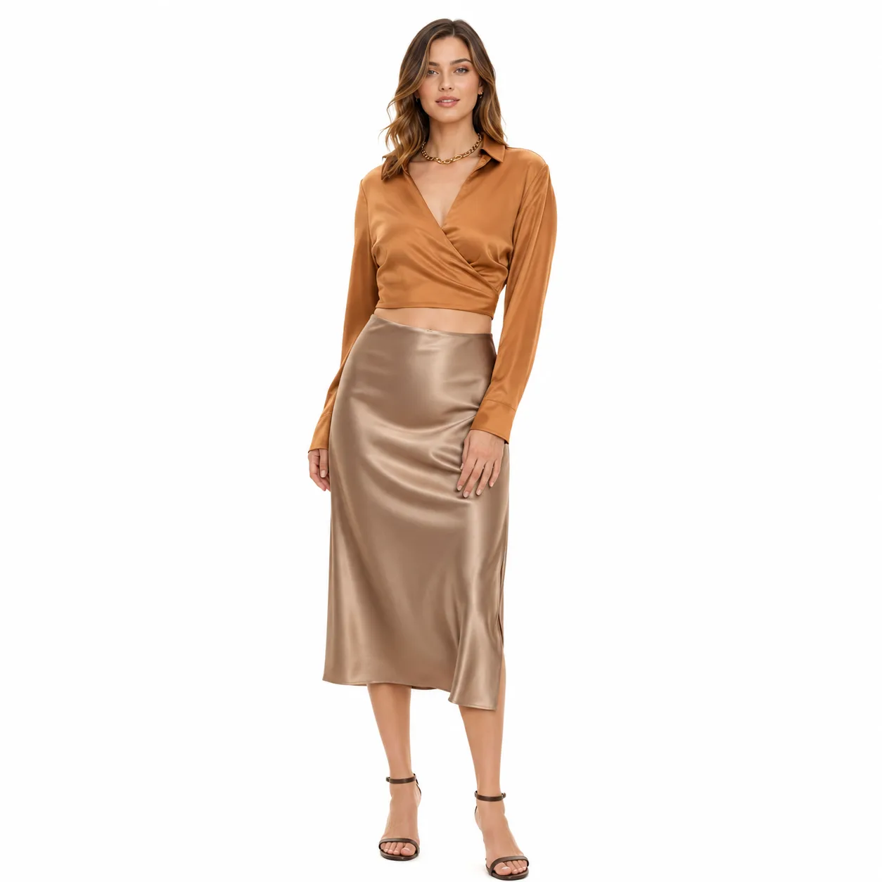 Caramel silk wrap crop shirt with back self-tie sash and pointed collar, shown front and back for private label apparel brand sampling