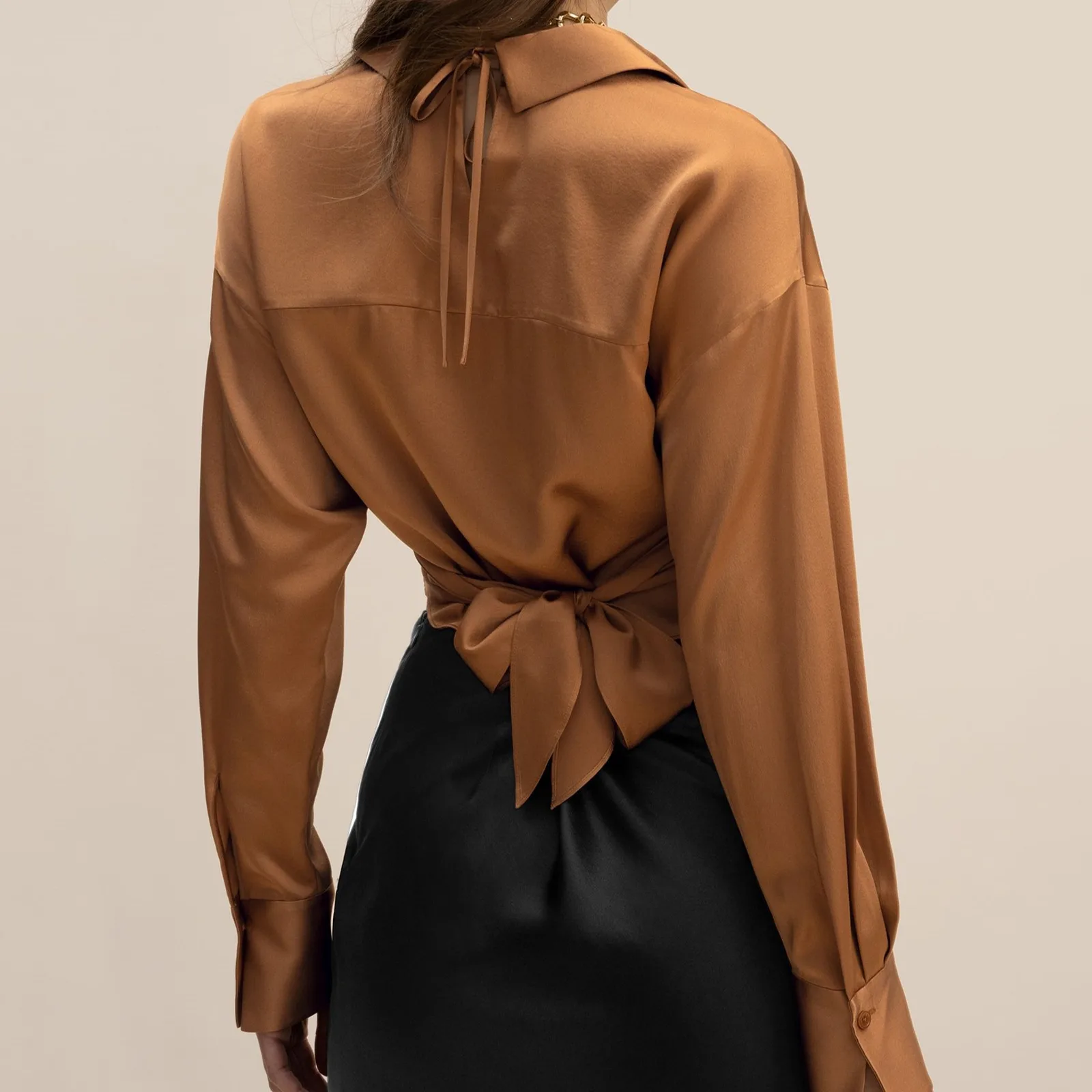 Caramel Silk Wrap Crop Shirt with Back Tie detail view