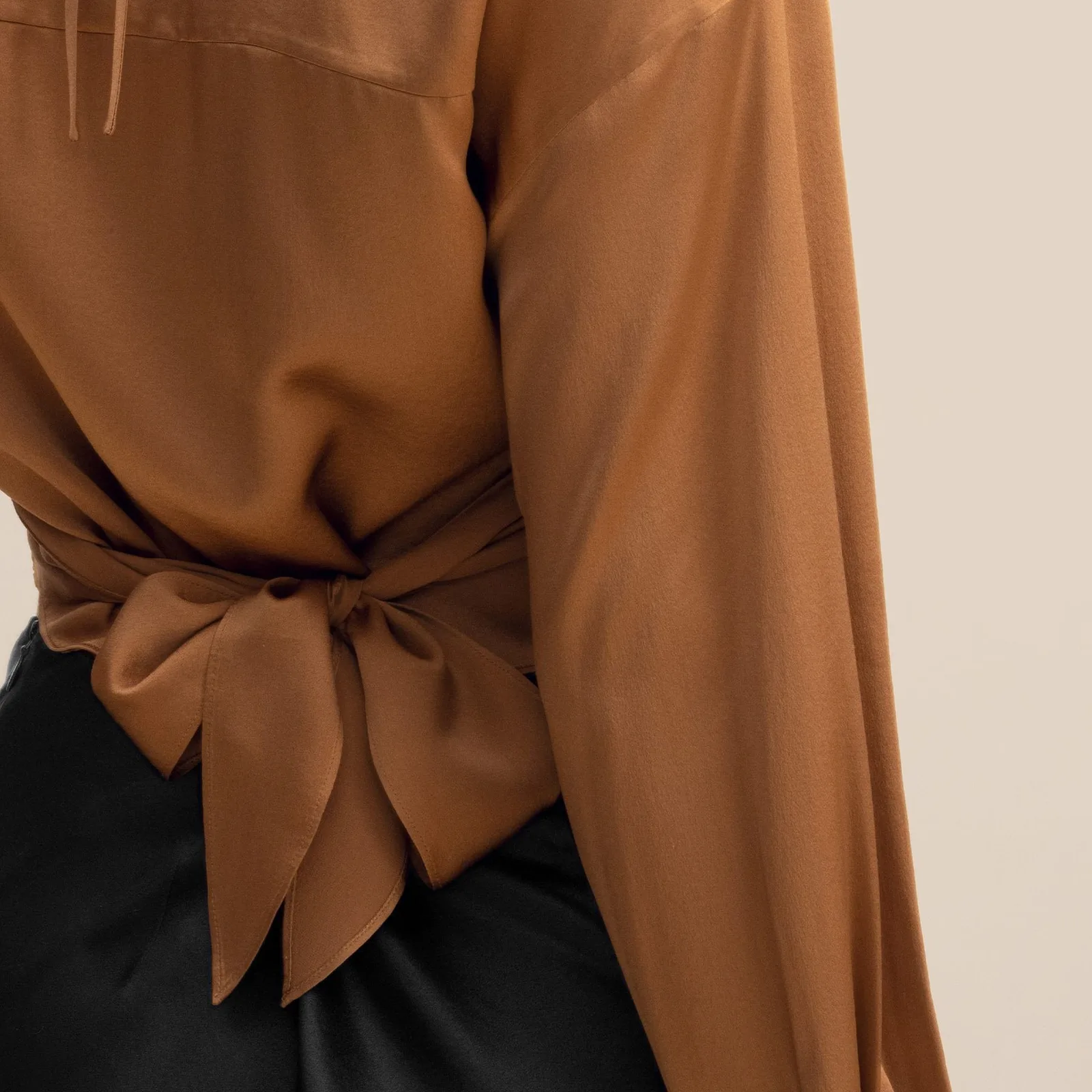 Caramel Silk Wrap Crop Shirt with Back Tie detail view