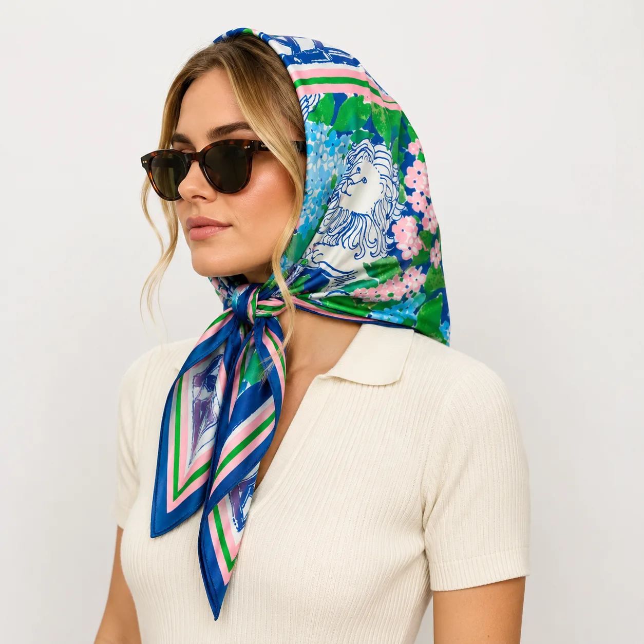 Custom printed silk scarf styled as a headscarf with colorful artwork for private label fashion and gift collections