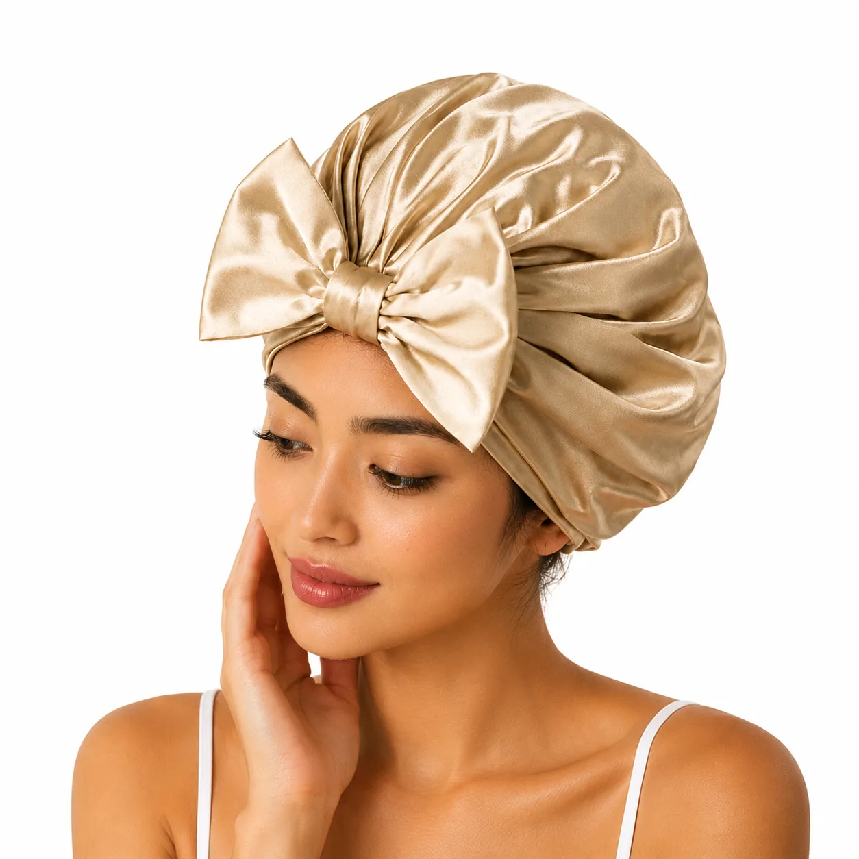 Champagne custom silk sleep cap with front bow for private label hair care and beauty brands