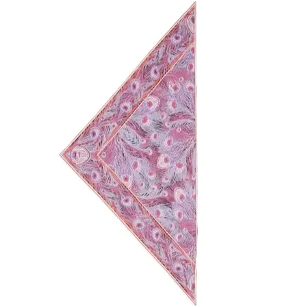 Custom peacock feather print triangle silk scarf in pink lavender and coral for private label fashion and gift brand programs