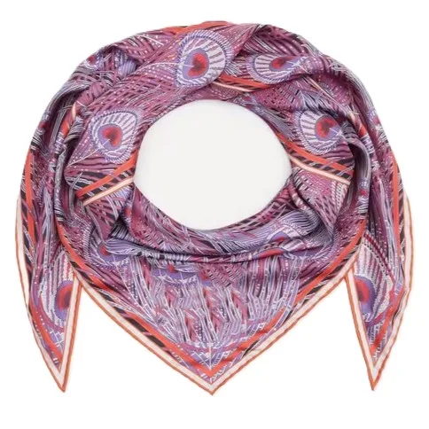 Detail view of a gift-ready custom printed scarf with pink geometric artwork for private label packaging review