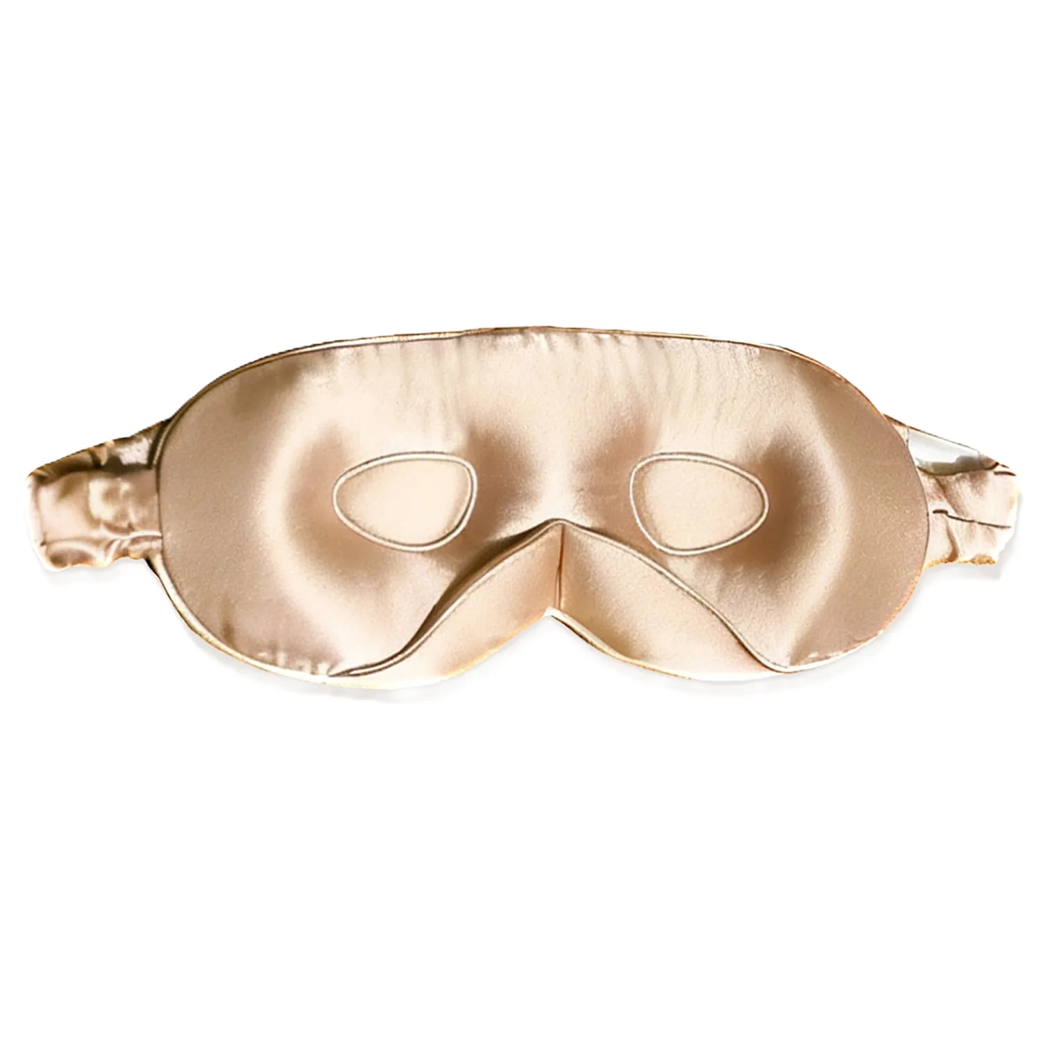Champagne 3D contoured mulberry silk sleep mask with molded eye cavities and retail window box for private label beauty and spa brand programs