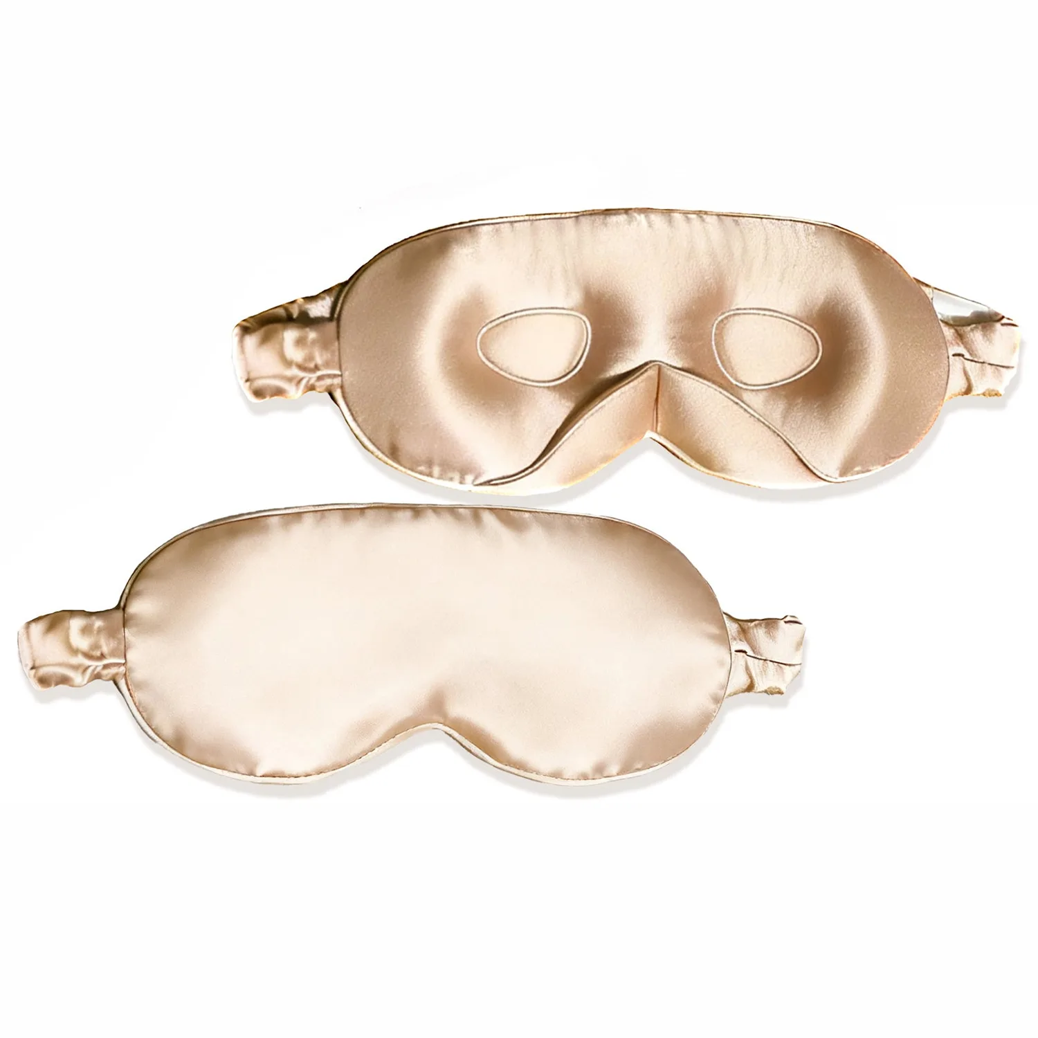 Champagne contoured custom silk sleep mask detail with elastic strap for private label beauty, travel, spa, and gift brands
