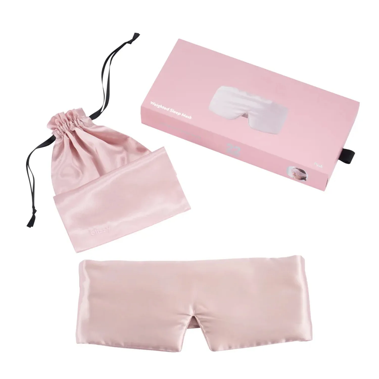 Private label silk sleep mask gift set with pink branded box, drawstring pouch, and matching mask for retail or spa gifting