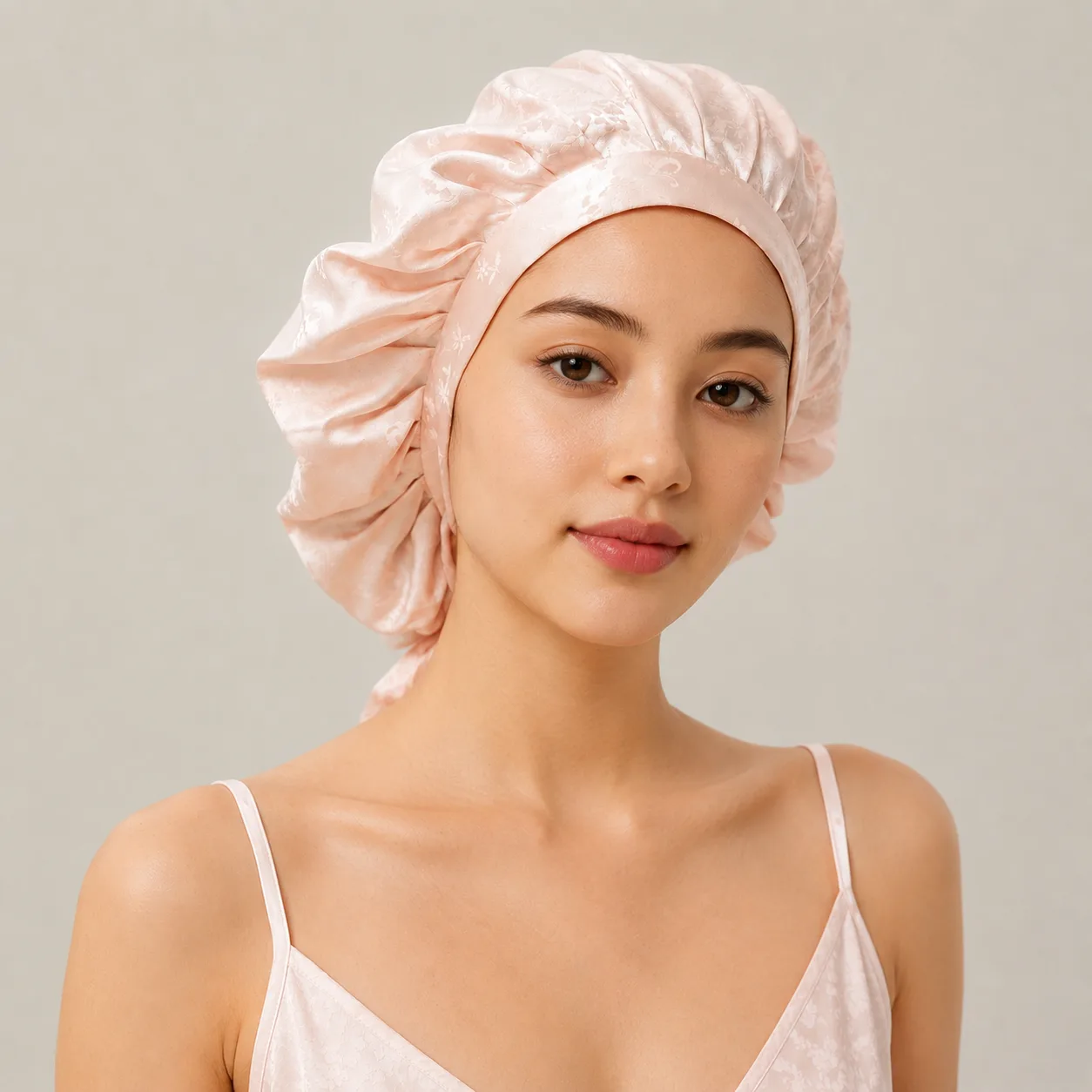 Blush pink custom silk sleep cap on model showing wide band and gathered bonnet shape for private label hair care brands