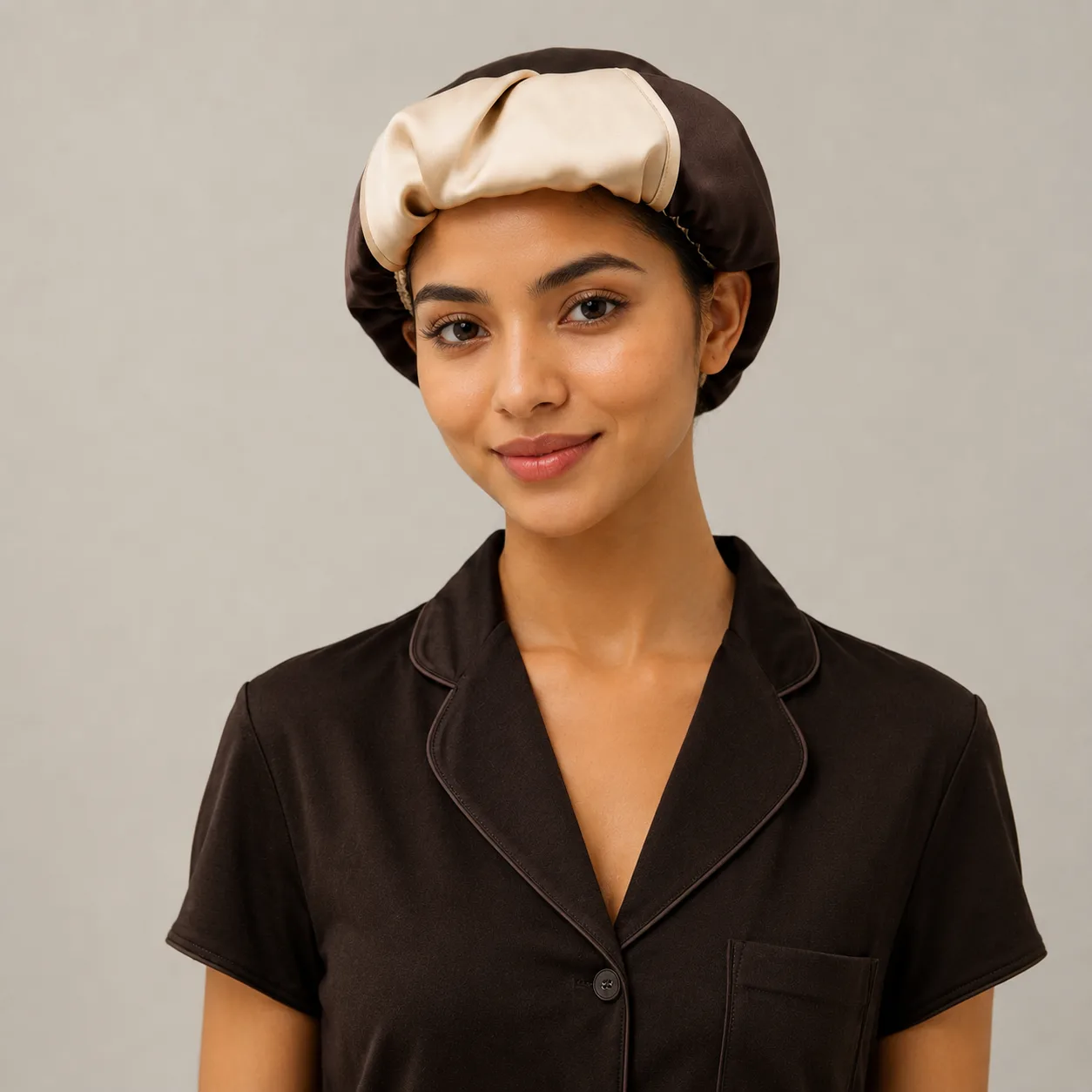 Chocolate Cream Two-Tone Silk Sleep Cap detail view