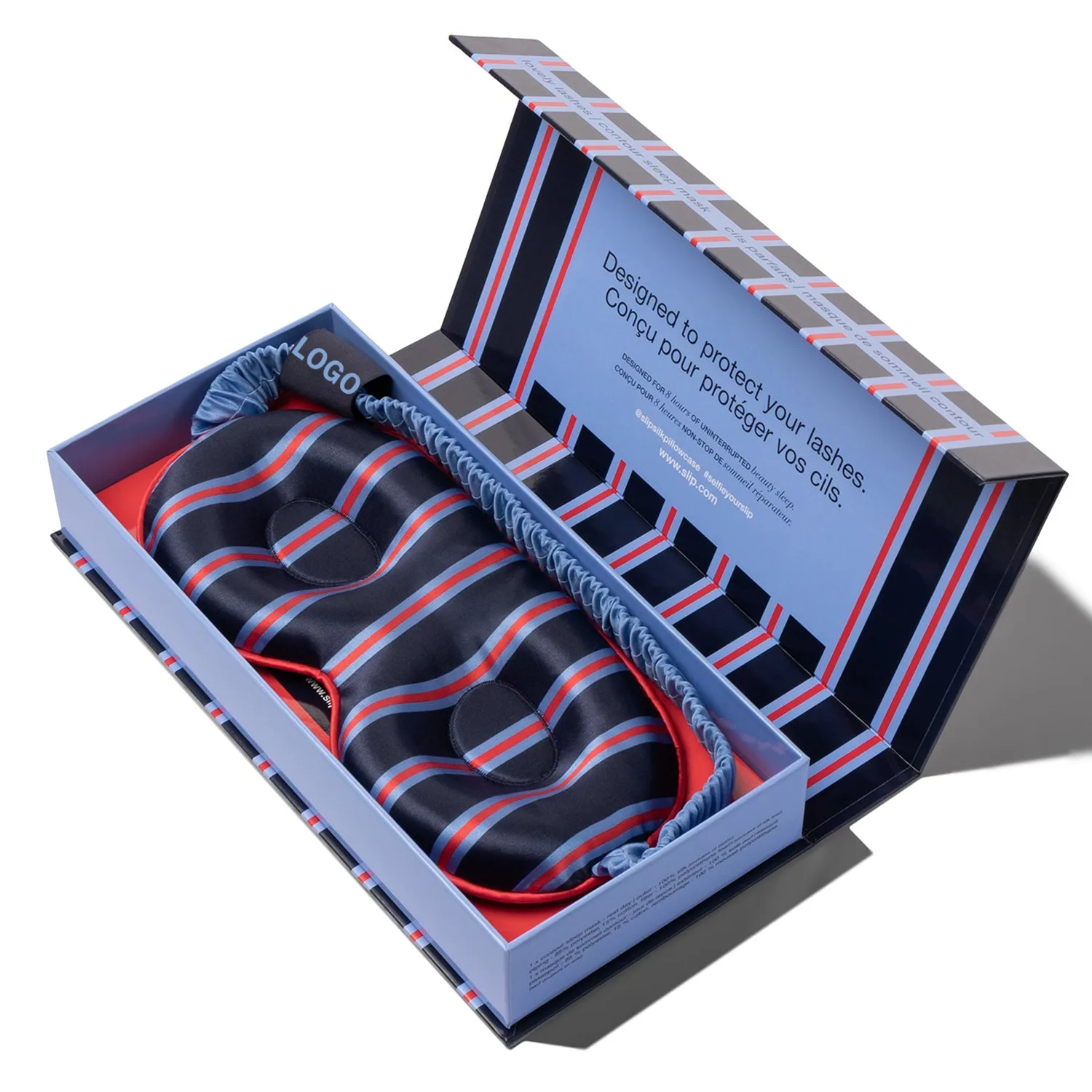 Custom silk sleep mask in branded rigid gift box with striped design and logo placement for private label beauty, travel, spa, and gift brands