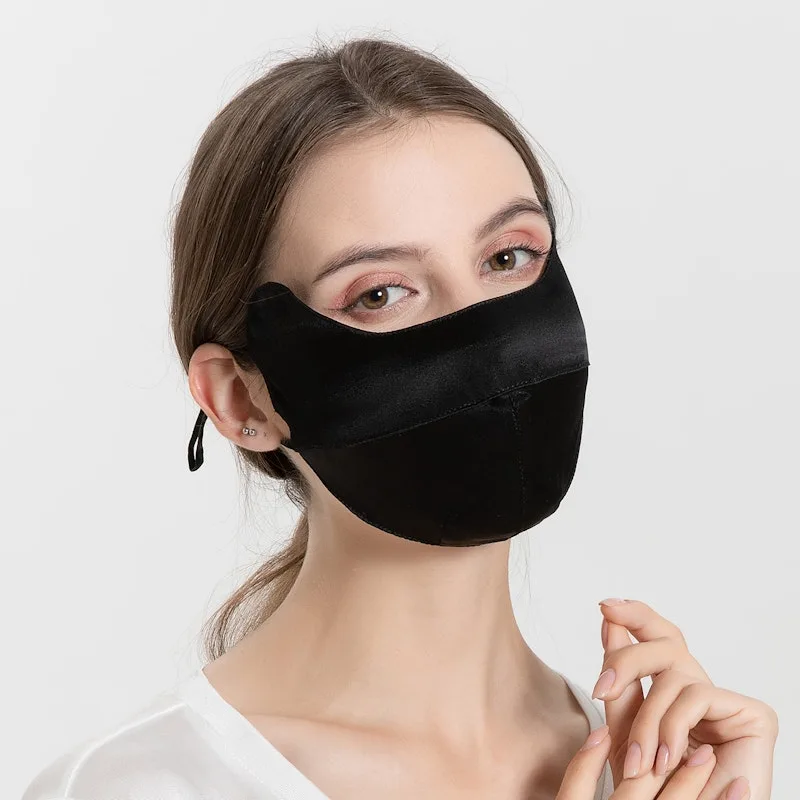 Black 19 momme mulberry silk UPF50 sun protection face cover with 3D contoured fit and adjustable ear strap for private label brand programs