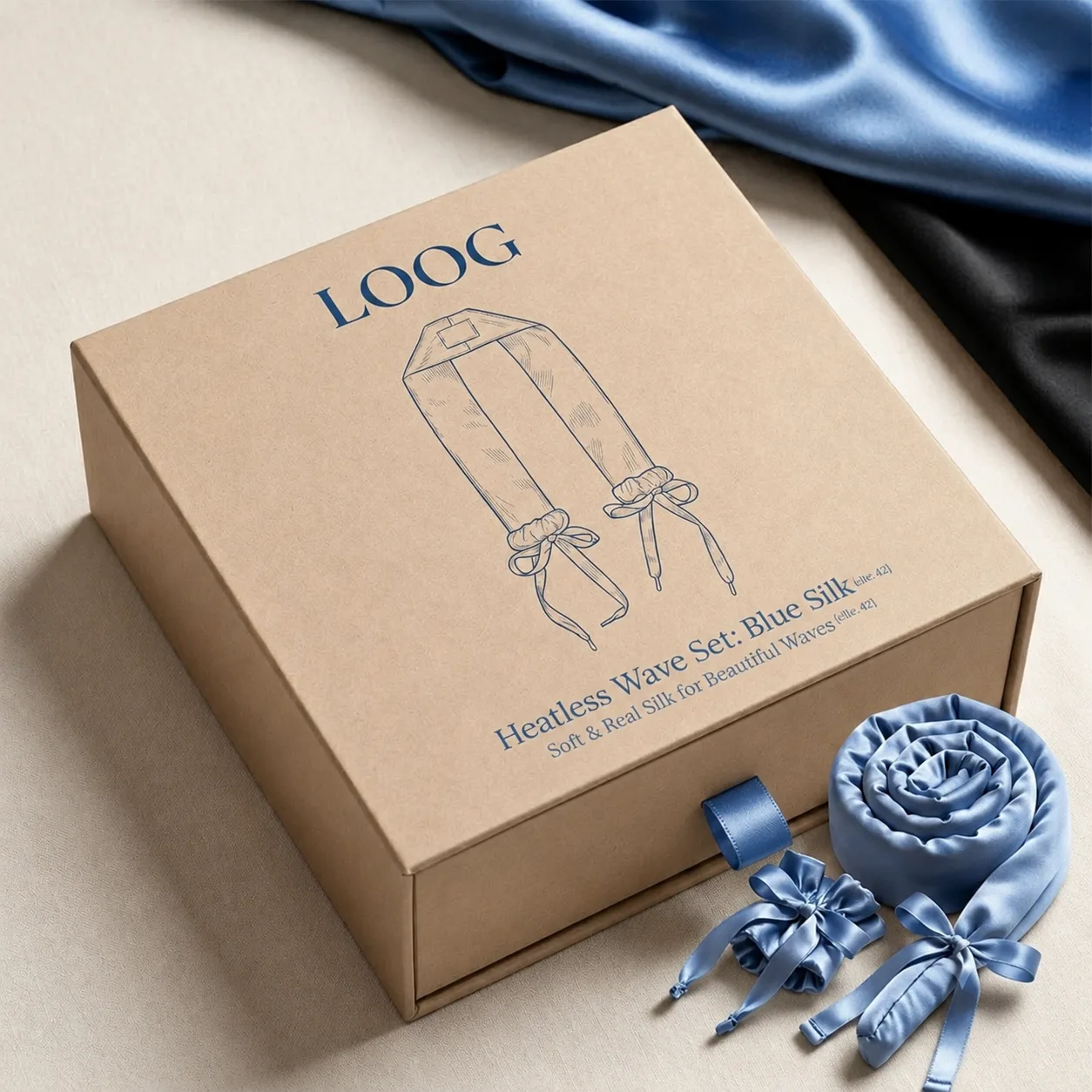 Custom silk heatless hair curler gift box packaging with logo placement and blue styling set for private label hair care collections
