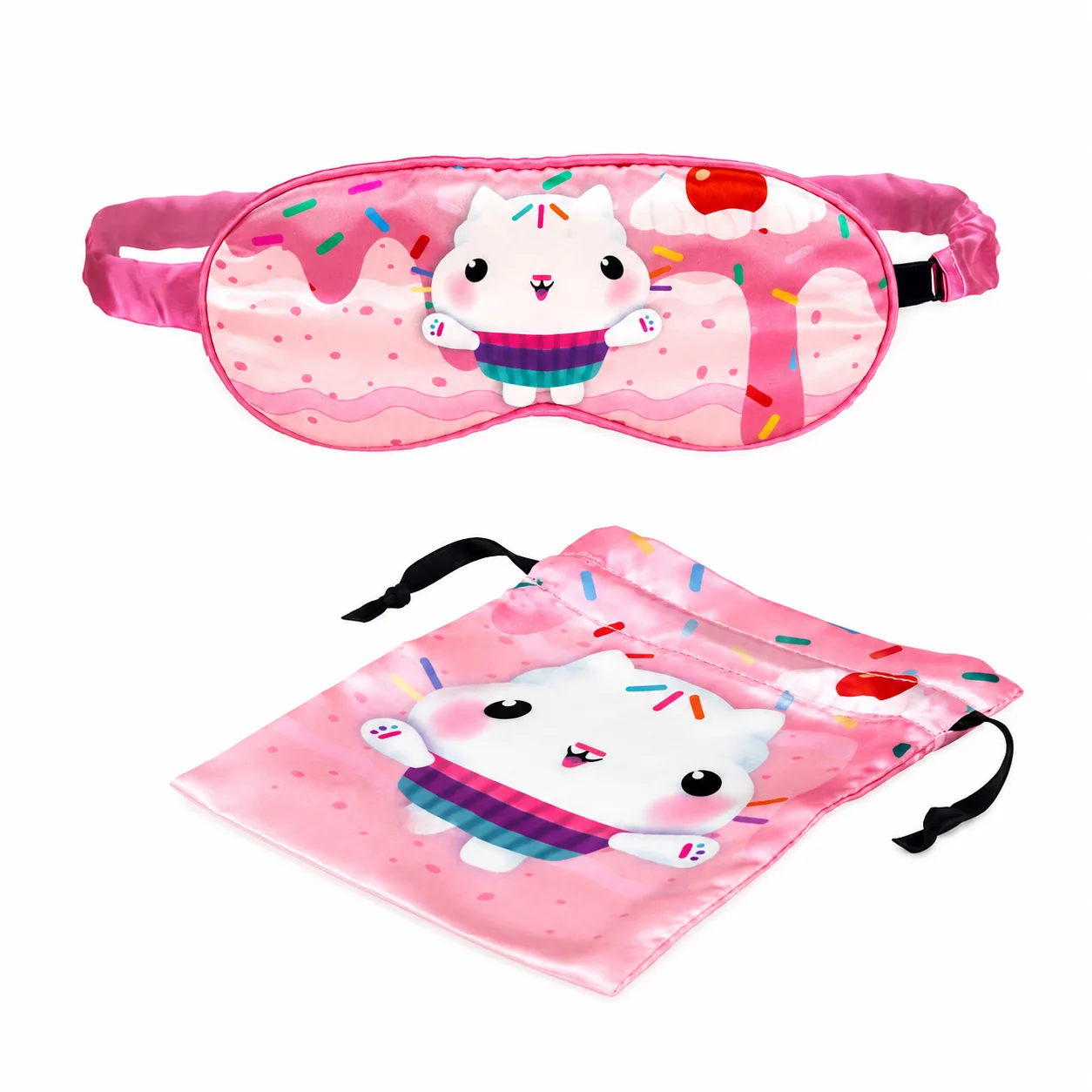 Custom printed kids silk sleep mask set with matching drawstring pouch and pink kawaii character gift box for private label children's brand programs