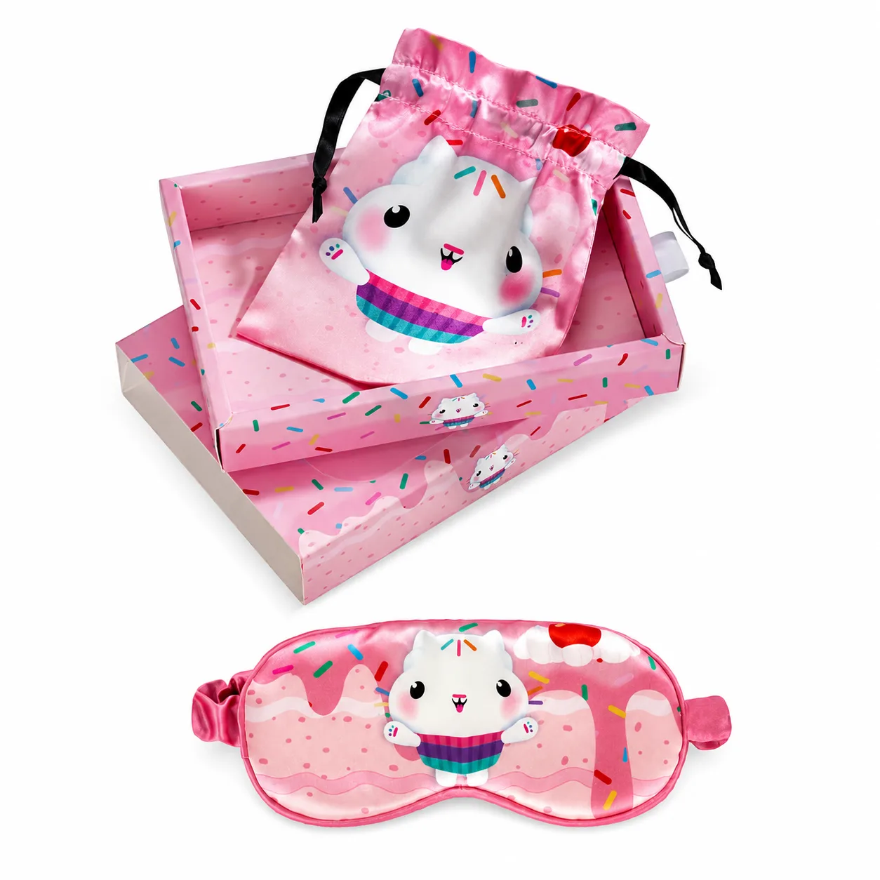 Private label kids silk pillowcase packaging set with pink character print gift box, drawstring pouch, and matching sleep mask