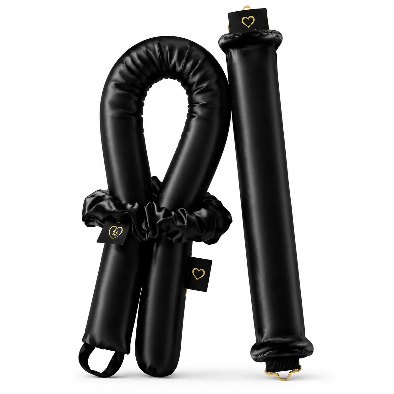 Black custom heatless hair curler set with matching scrunchies and logo tags for private label hair care collections