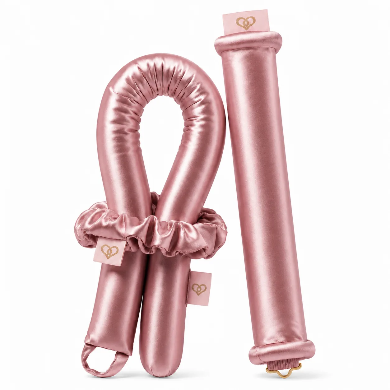 Pink smooth-fabric custom heatless hair curler set with logo tags for private label beauty and hair care collections