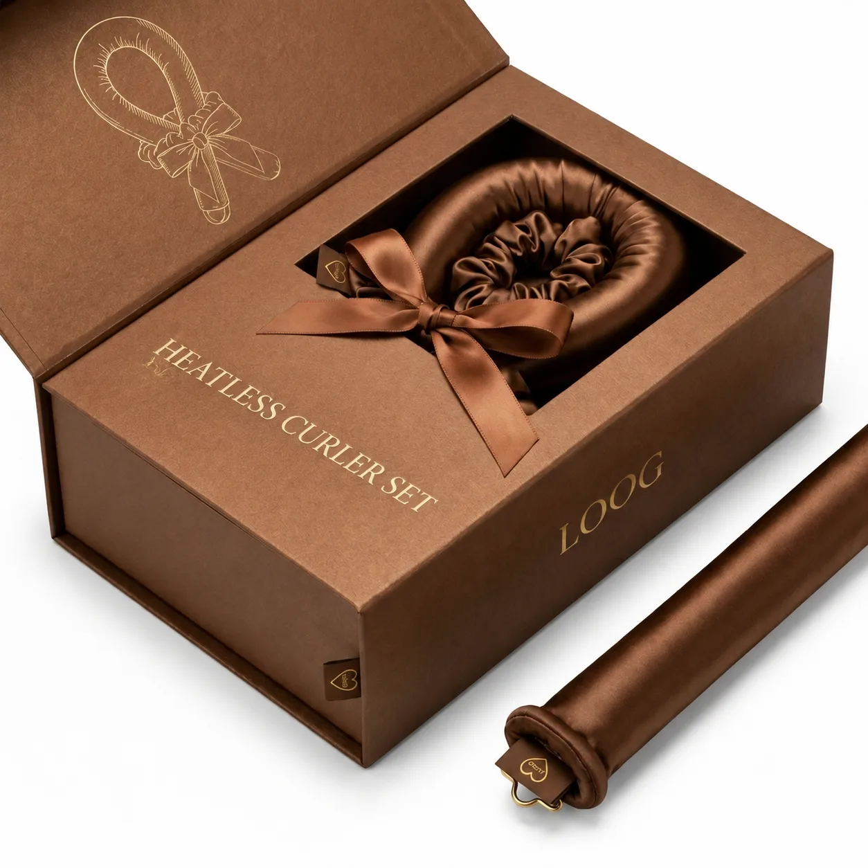 Private label heatless hair curler set in brown gift box packaging with logo placement for branded styling collections