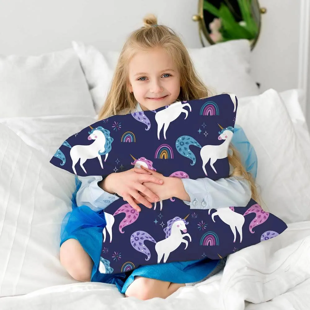 Kids silk pillowcase with navy unicorn print for private label children’s sleep and gift collections
