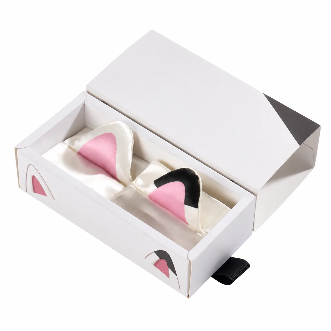 Detail view of custom kids silk accessory gift box with cat-ear design for private label brand packaging review