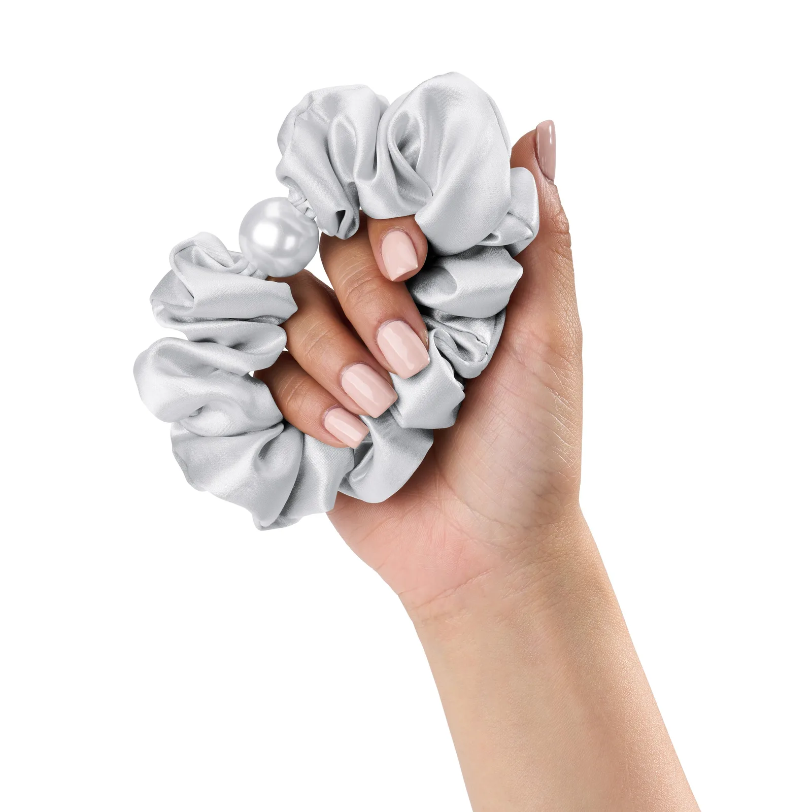 Detail view of light silver silk scrunchie with pearl accent for private label hair accessory brands