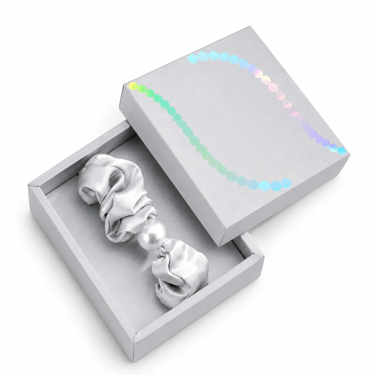 Pearl accent silk scrunchie in gift box for private label hair accessory and beauty brand programs