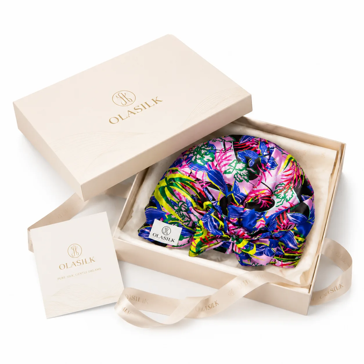 Private label kids silk bonnet packaging with branded gift box, ribbon, card, and colorful floral bonnet for custom kids silk products