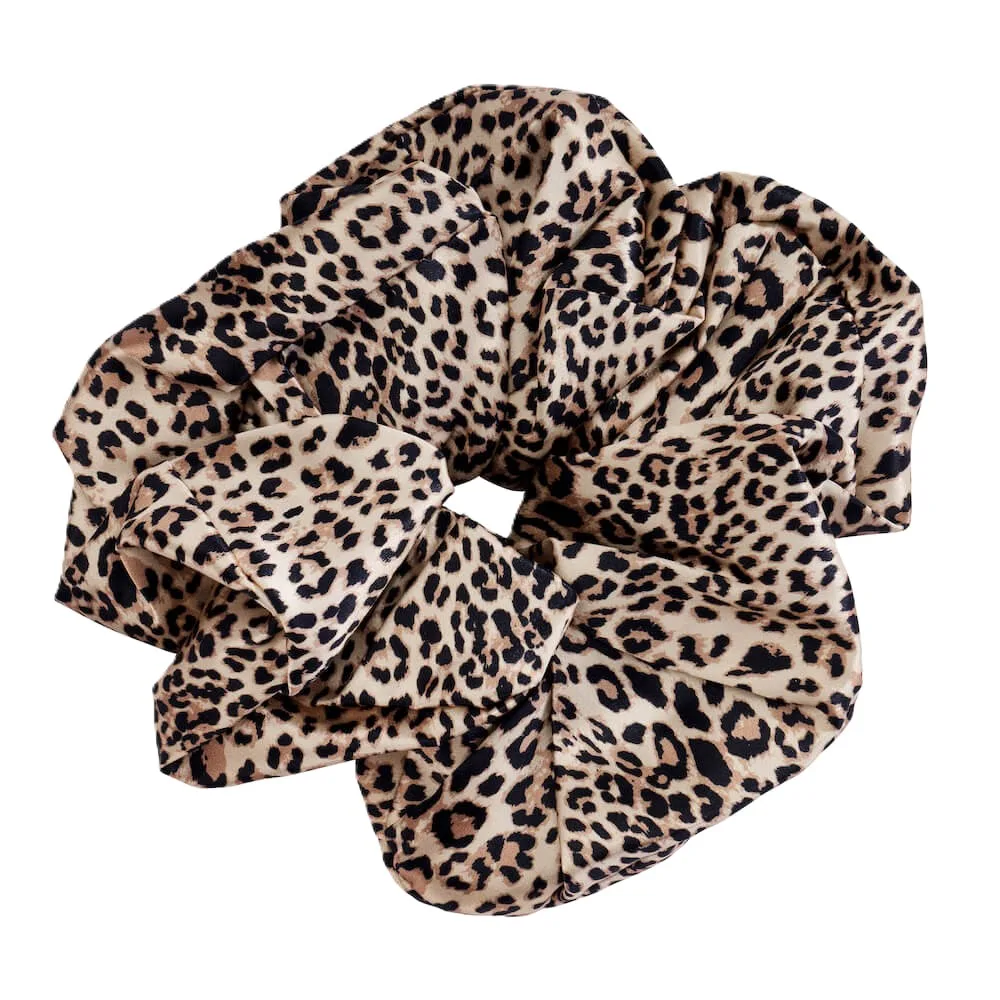 Oversized 100% mulberry silk scrunchie in leopard print with matching drawer gift box for private label hair accessory and gift set brands